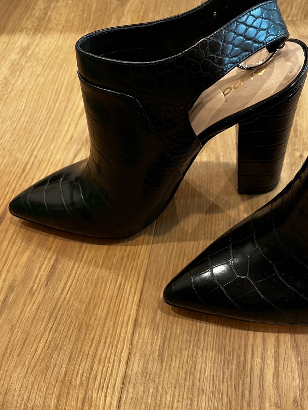 Aldo Black Croc-Embossed Pointed Slingback Block Heels 10 Black - Picture 3 of 9
